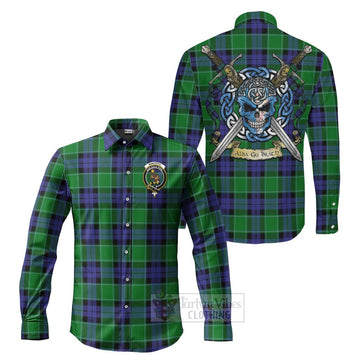 Monteith Tartan Long Sleeve Button Shirt with Family Crest Celtic Skull Style Men's Shirt S - Tartan Vibes Clothing
