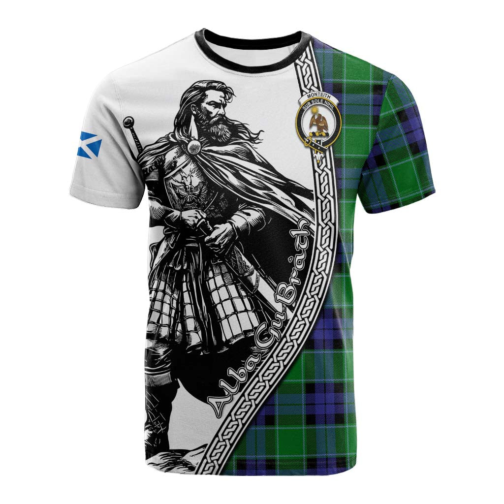 Monteith Tartan Clan Crest Cotton T-shirt with Highlander Warrior Celtic Style Kid's Shirt - Tartan Vibes Clothing