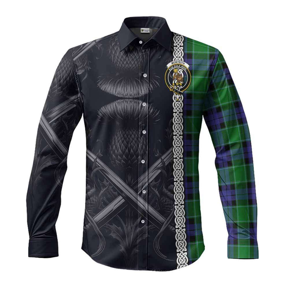Tartan Vibes Clothing Monteith Tartan Long Sleeve Button Shirt with Family Crest Cross Sword Thistle Celtic Vibes