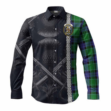 Tartan Vibes Clothing Monteith Tartan Long Sleeve Button Shirt with Family Crest Cross Sword Thistle Celtic Vibes