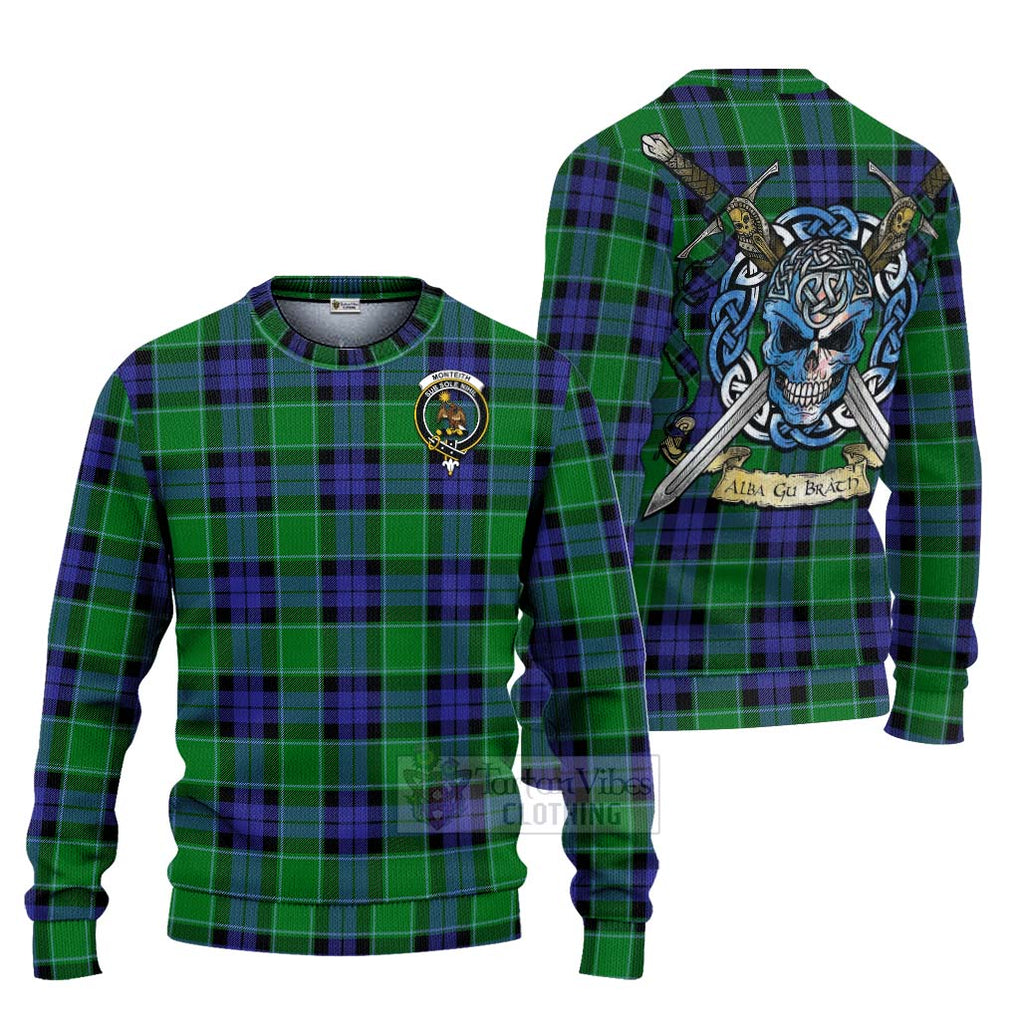 Monteith Tartan Ugly Sweater with Family Crest Celtic Skull Style Unisex - Tartan Vibes Clothing
