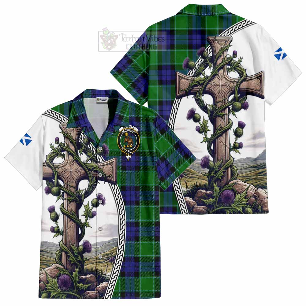 Monteith Tartan Hawaiian Shirt with Family Crest and St. Andrew's Cross Accented by Thistle Vines Kid - Tartan Vibes Clothing