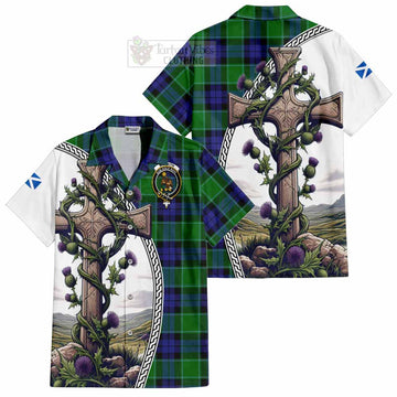 Monteith Tartan Hawaiian Shirt with Family Crest and St. Andrew's Cross Accented by Thistle Vines Kid - Tartan Vibes Clothing