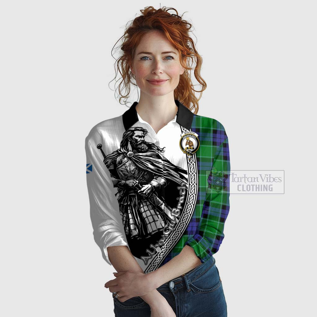 Monteith Tartan Clan Crest Women's Casual Shirt with Highlander Warrior Celtic Style Female - Tartan Vibes Clothing