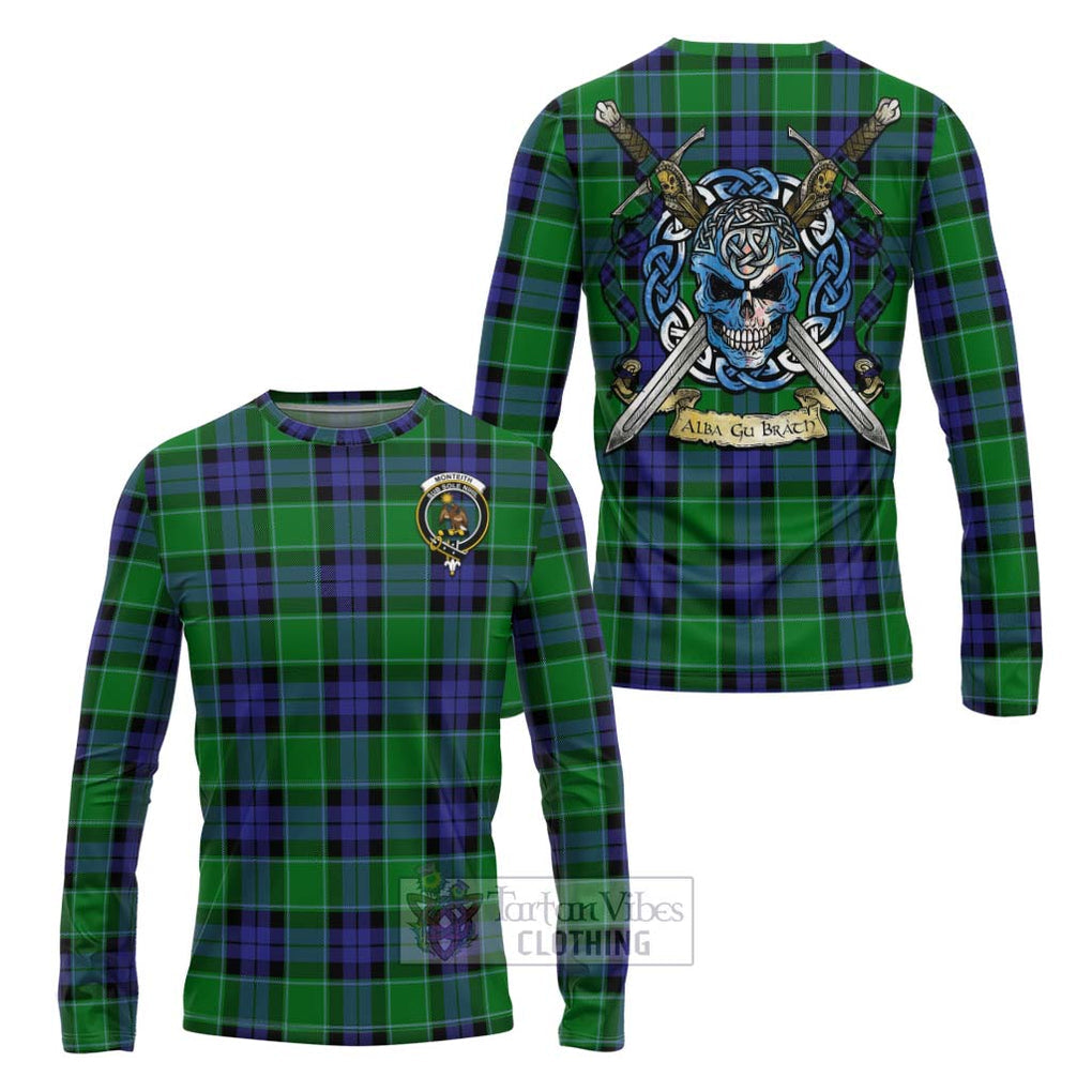 Monteith Tartan Long Sleeve T-Shirt with Family Crest Celtic Skull Style Unisex - Tartan Vibes Clothing