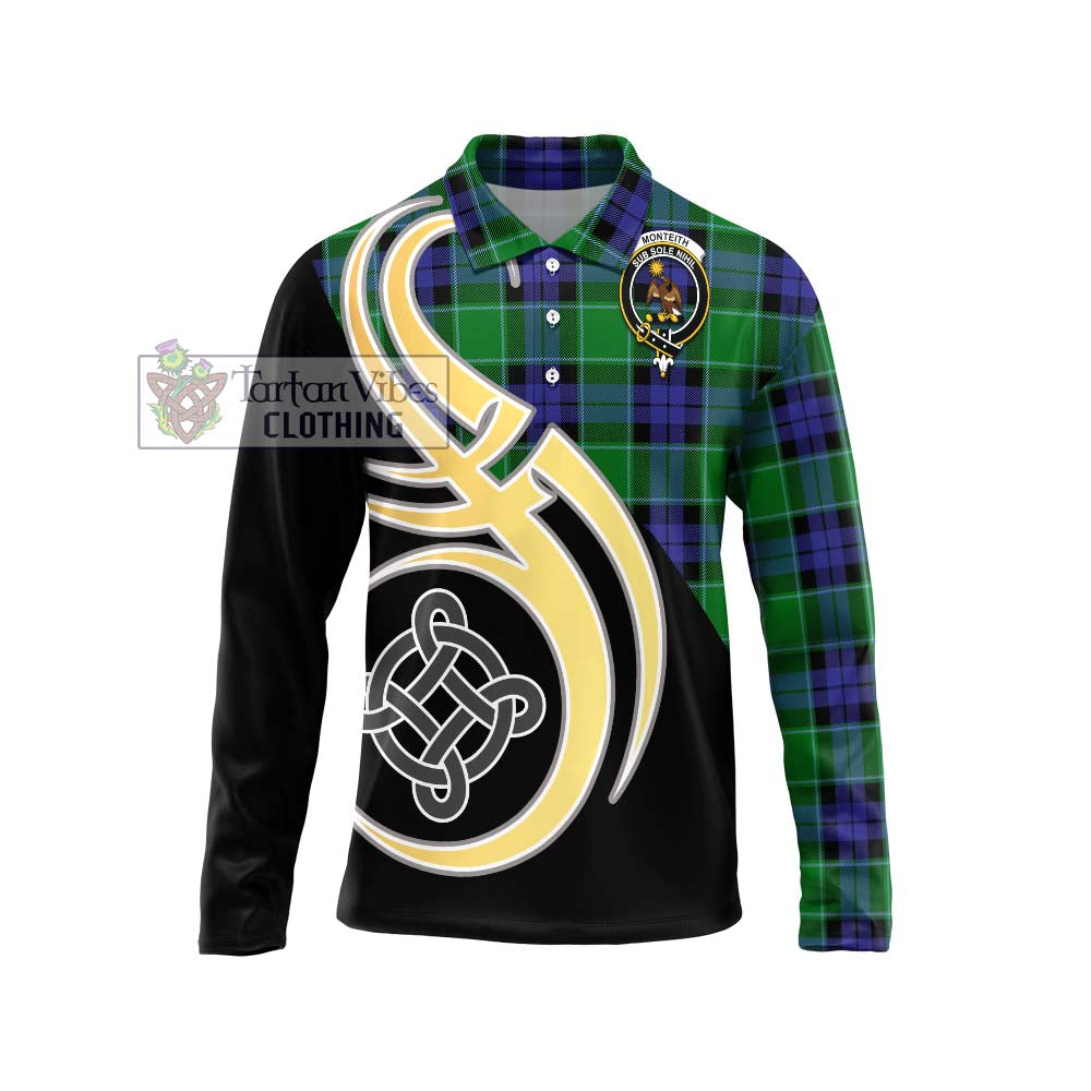 Monteith Tartan Long Sleeve Polo Shirt with Family Crest and Celtic Symbol Style Unisex - Tartan Vibes Clothing