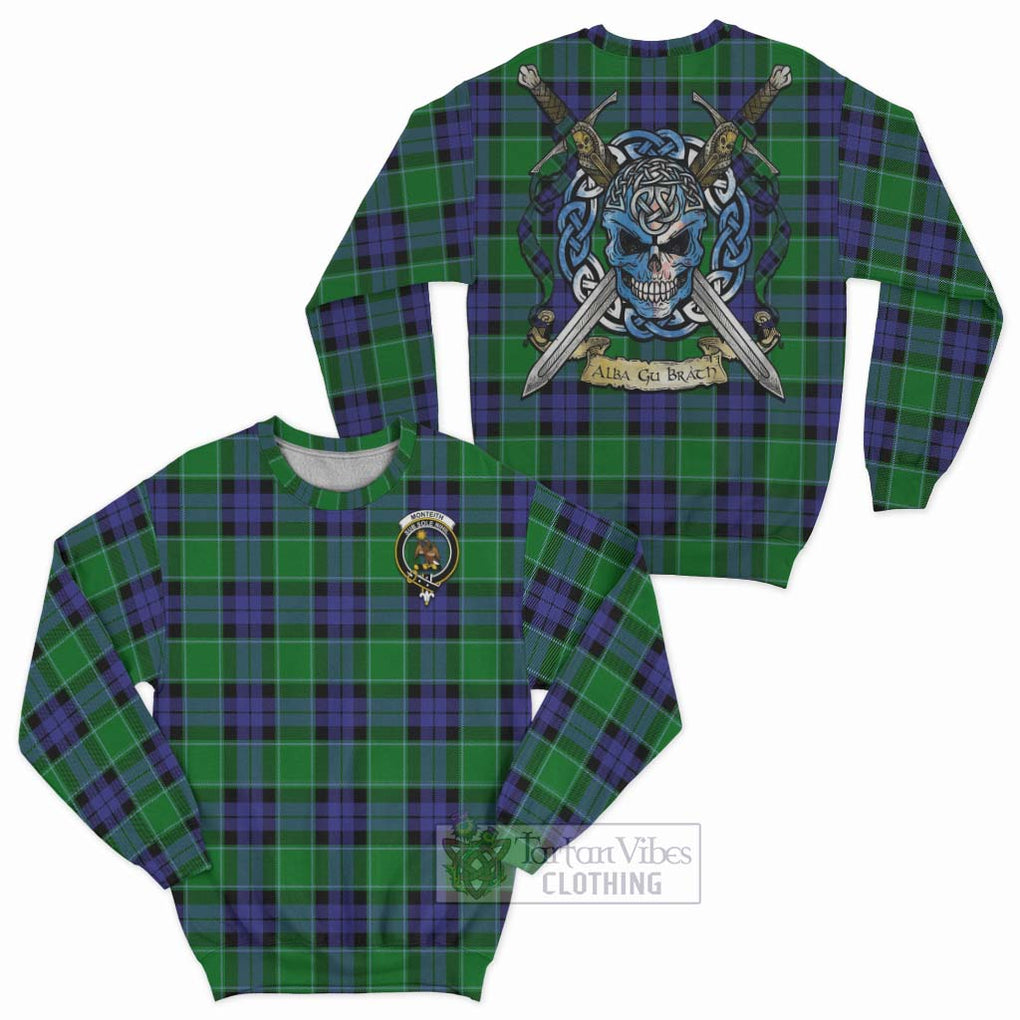 Monteith Tartan Sweatshirt with Family Crest Celtic Skull Style Unisex - Tartan Vibes Clothing