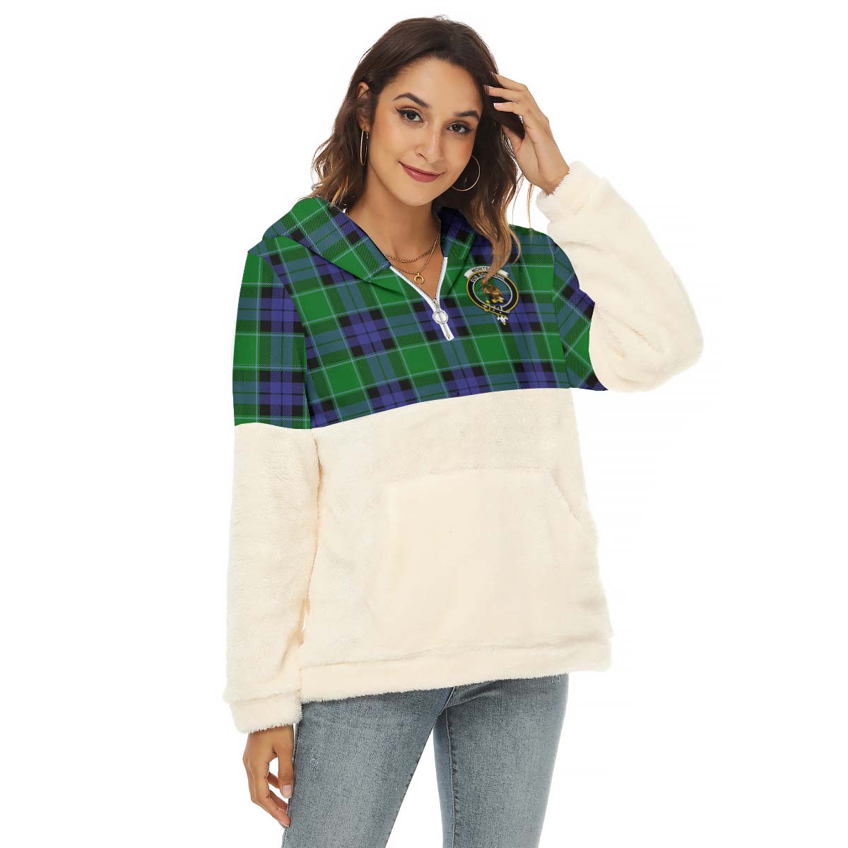 Monteith Tartan Half Style Women's Borg Fleece Hoodie with Half Zip with Family Crest Female - Tartan Vibes Clothing