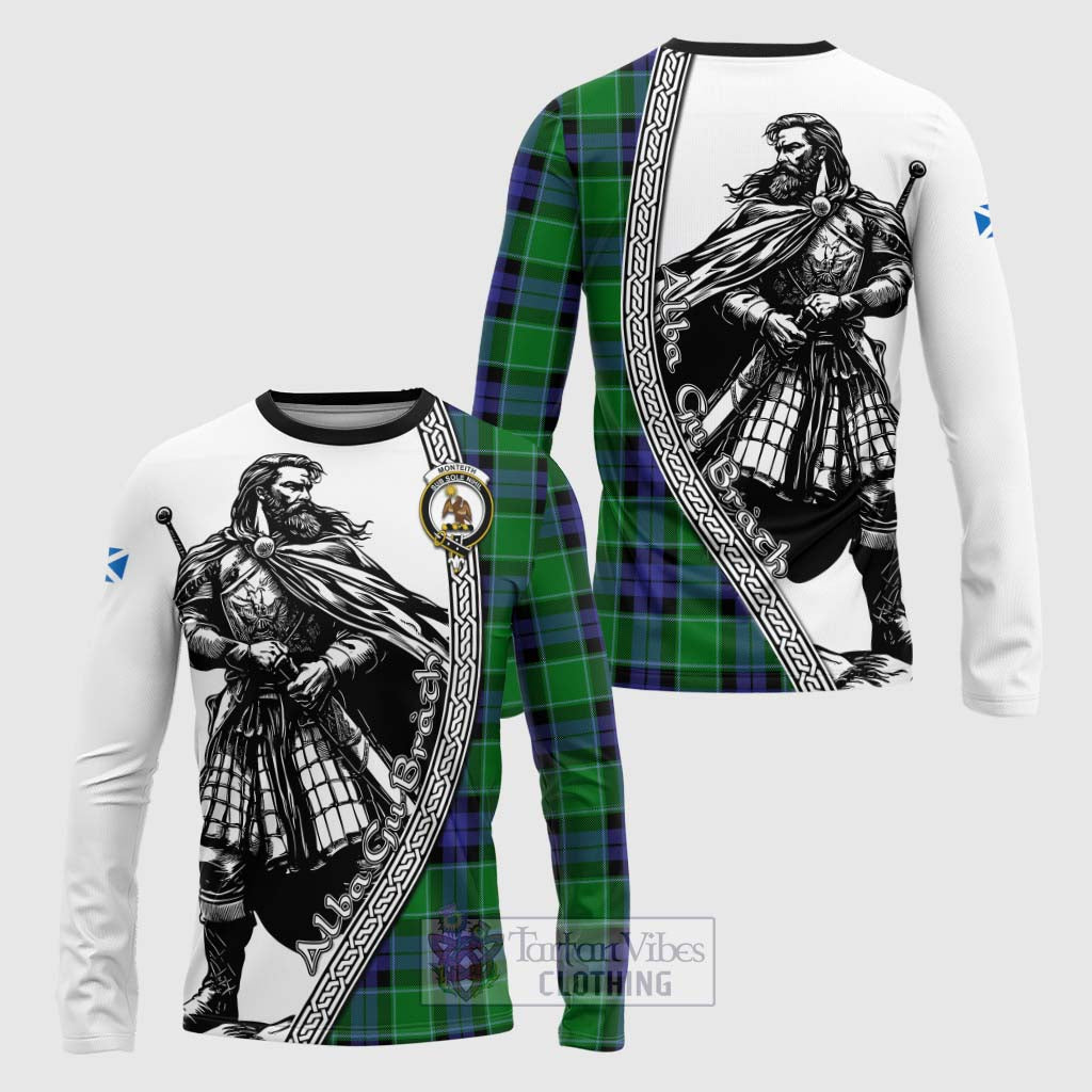 Monteith Tartan Clan Crest Long Sleeve T-Shirt with Highlander Warrior Celtic Style Unisex - Tartan Vibes Clothing