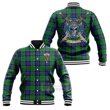 Monteith Tartan Baseball Jacket with Family Crest Celtic Skull Style Unisex - Tartan Vibes Clothing