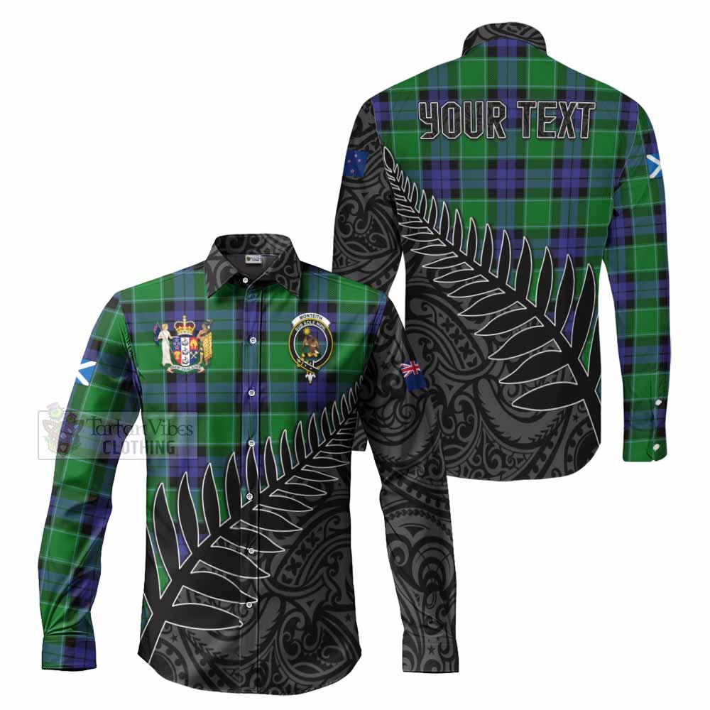 Tartan Vibes Clothing Monteith Crest Tartan Long Sleeve Button Shirt with New Zealand Silver Fern Half Style