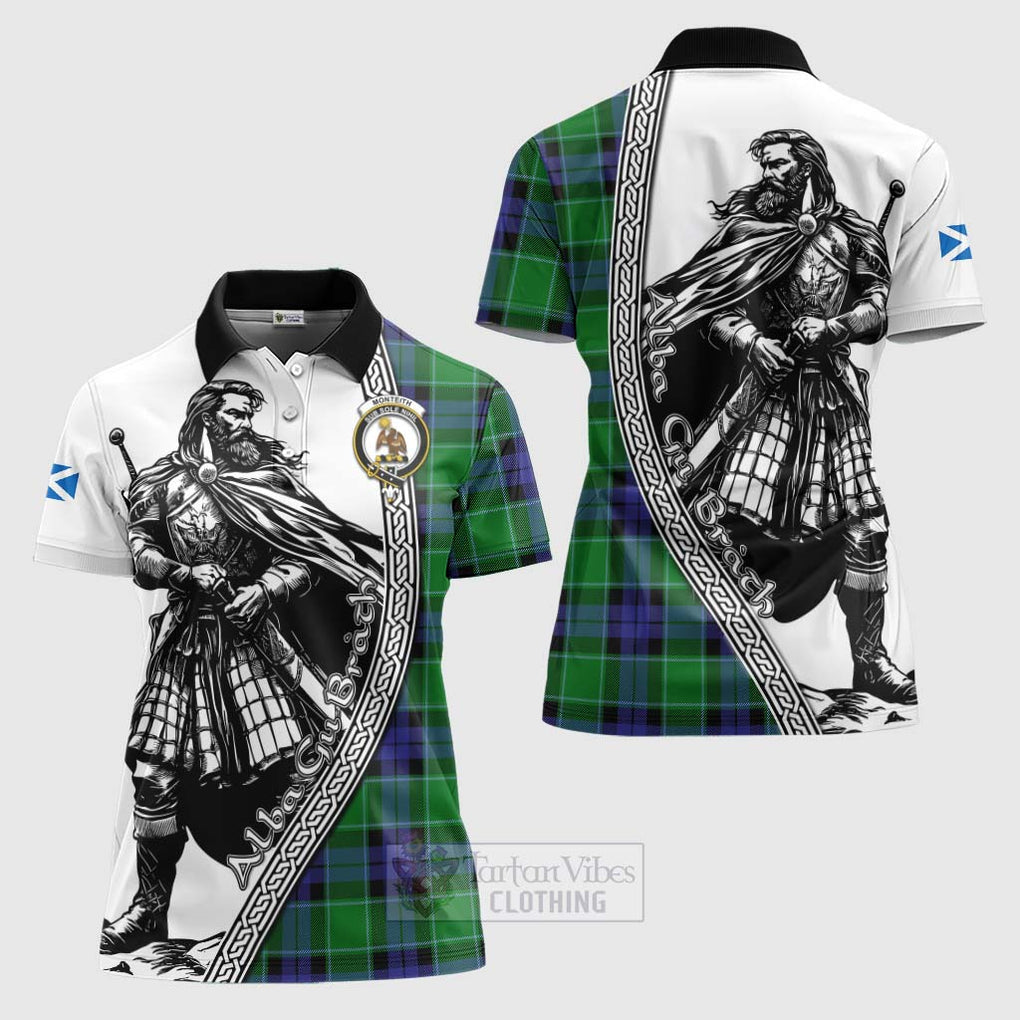 Monteith Tartan Clan Crest Women's Polo Shirt with Highlander Warrior Celtic Style Women - Tartan Vibes Clothing