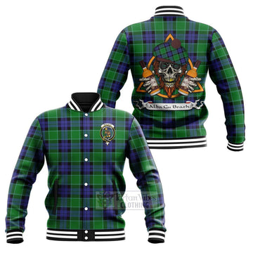 Monteith Tartan Baseball Jacket with Family Crest and Bearded Skull Holding Bottles of Whiskey Unisex - Tartan Vibes Clothing