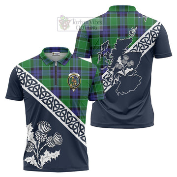 Monteith Tartan Zipper Polo Shirt Featuring Thistle and Scotland Map Unisex - Tartanvibesclothing Store