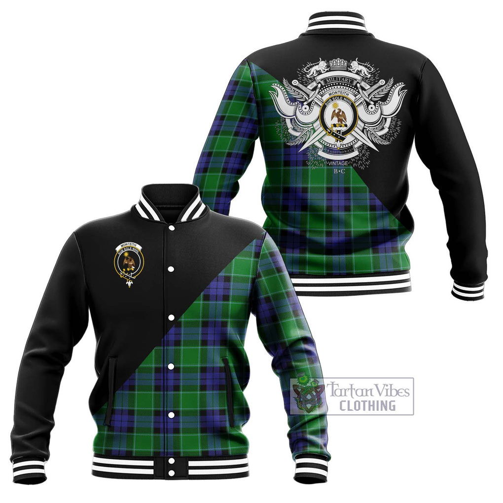 Monteith Tartan Baseball Jacket with Family Crest and Military Logo Style Unisex - Tartan Vibes Clothing
