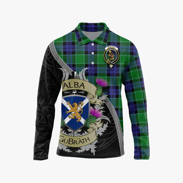 Monteith Tartan Family Crest Long Sleeve Polo Shirt Lion Rampant Royal Thistle Shield Celtic Inspired Unisex - Tartan Vibes Clothing
