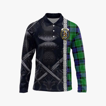 Monteith Tartan Long Sleeve Polo Shirt with Family Crest Cross Sword Thistle Celtic Vibes Unisex - Tartan Vibes Clothing