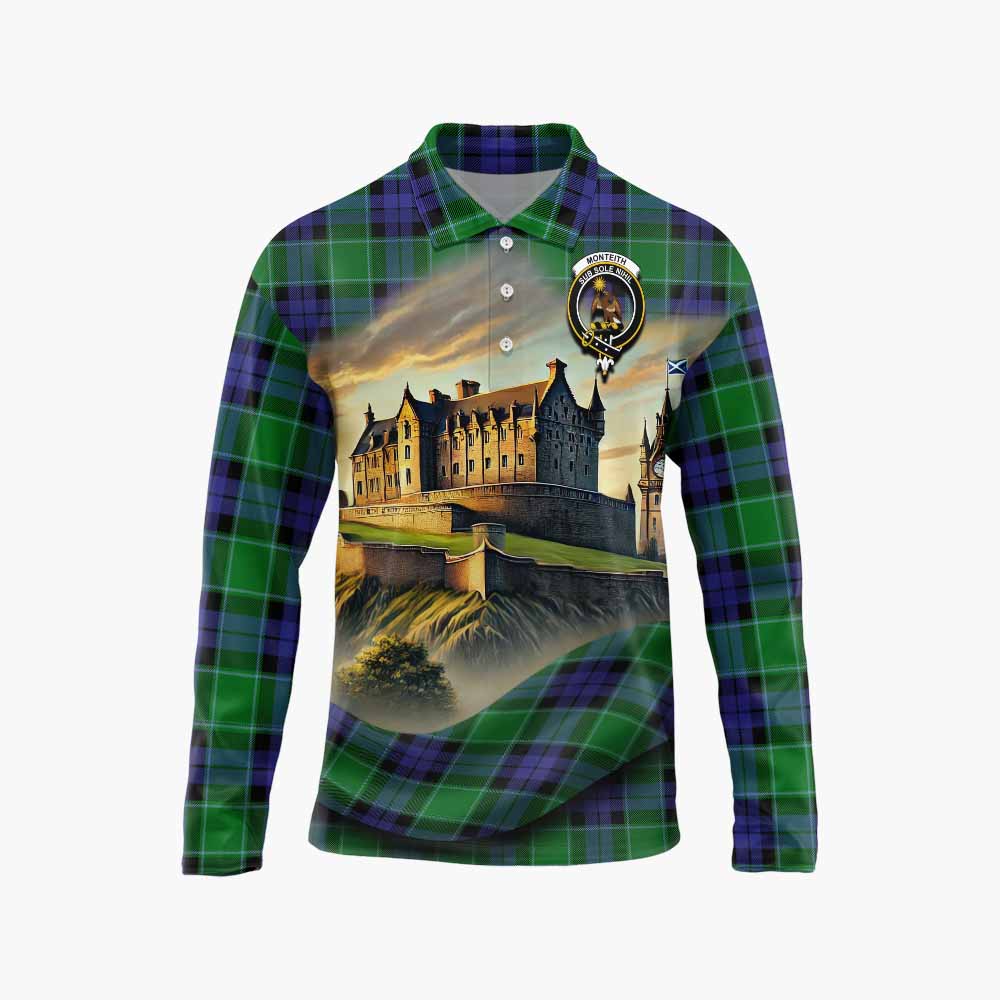 Monteith Tartan Family Crest Long Sleeve Polo Shirt with Scottish Ancient Castle Style Unisex - Tartan Vibes Clothing