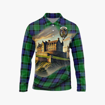 Monteith Tartan Family Crest Long Sleeve Polo Shirt with Scottish Ancient Castle Style Unisex - Tartan Vibes Clothing