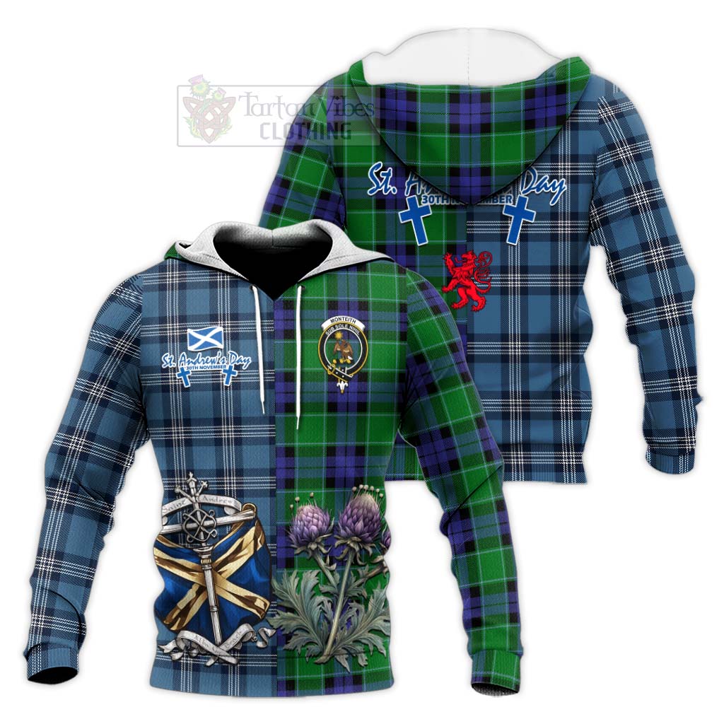 Monteith Tartan Knitted Hoodie Happy St. Andrew's Day Half Tartan Style Unisex Knitted Pullover Hoodie - Tartan Vibes Clothing