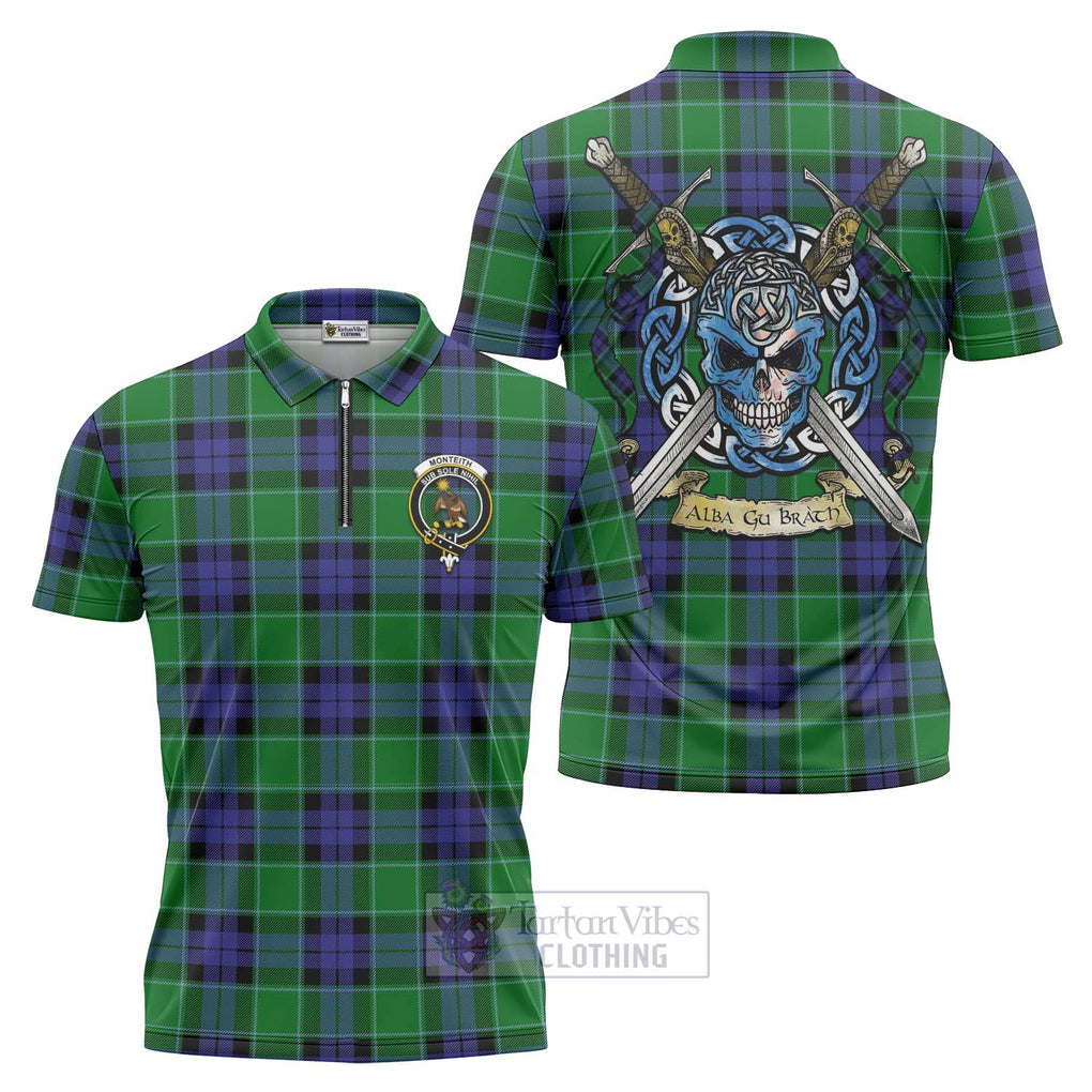 Monteith Tartan Zipper Polo Shirt with Family Crest Celtic Skull Style Unisex - Tartan Vibes Clothing