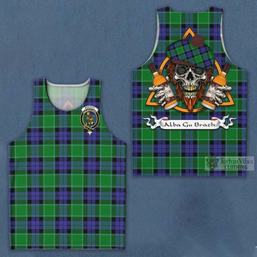 Monteith Tartan Men's Tank Top with Family Crest and Bearded Skull Holding Bottles of Whiskey Men - Tartan Vibes Clothing