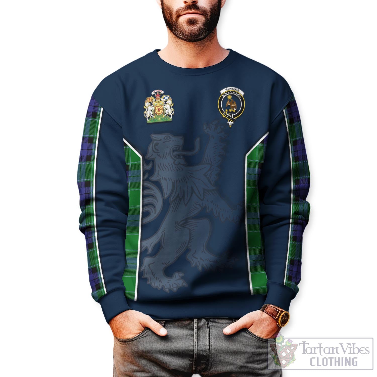 Tartan Vibes Clothing Monteith Tartan Sweater with Family Crest and Lion Rampant Vibes Sport Style