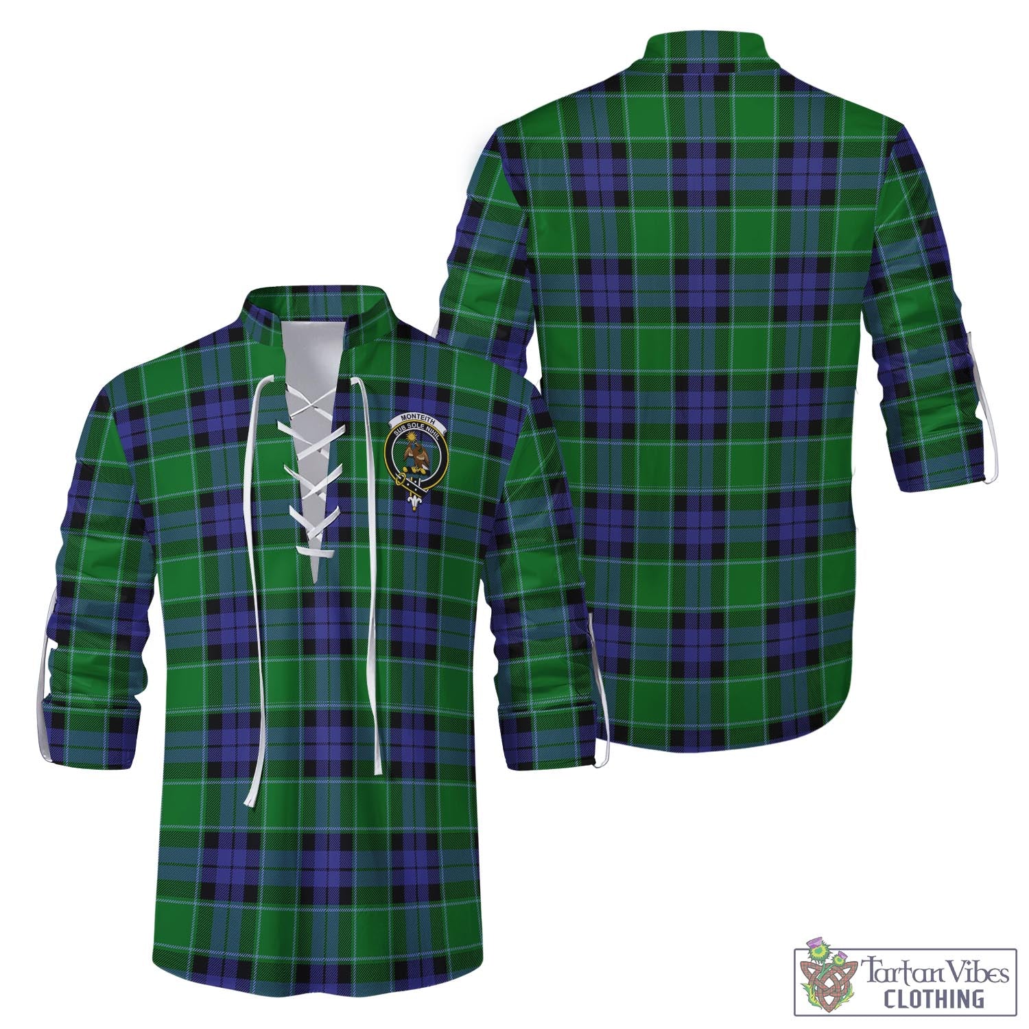 Tartan Vibes Clothing Monteith Tartan Men's Scottish Traditional Jacobite Ghillie Kilt Shirt with Family Crest