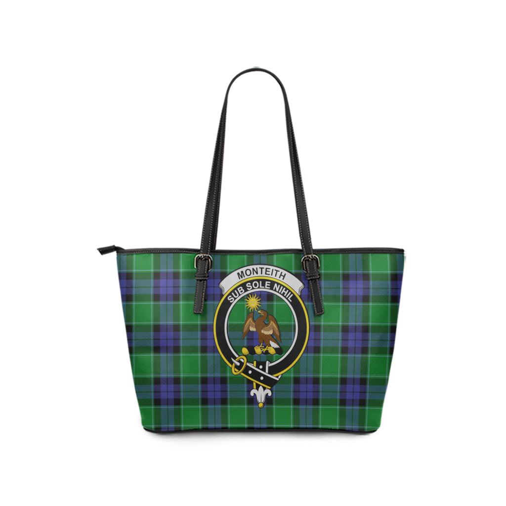 Monteith Tartan Leather Tote Bag with Family Crest - Tartan Vibes Clothing