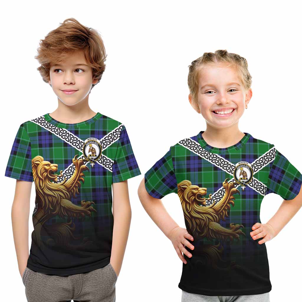 Monteith Crest Tartan Kid T-Shirt with Golden Lion Emblem Celtic Style Youth XL Size14 - Tartan Vibes Clothing