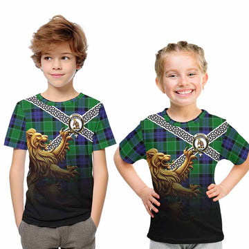 Monteith Crest Tartan Kid T-Shirt with Golden Lion Emblem Celtic Style Youth XL Size14 - Tartan Vibes Clothing