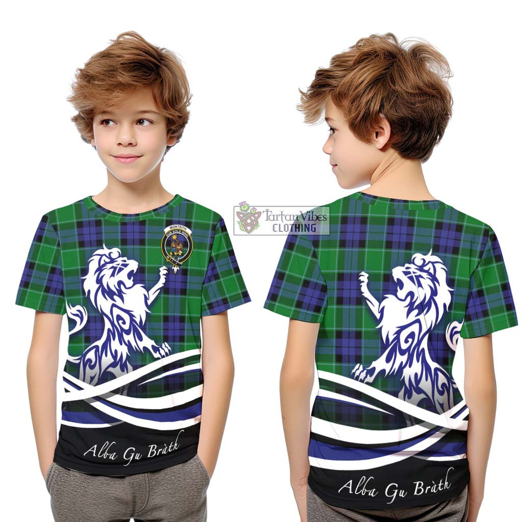 Monteith Tartan Kid T-Shirt with Alba Gu Brath Regal Lion Emblem Youth XL Size14 - Tartan Vibes Clothing
