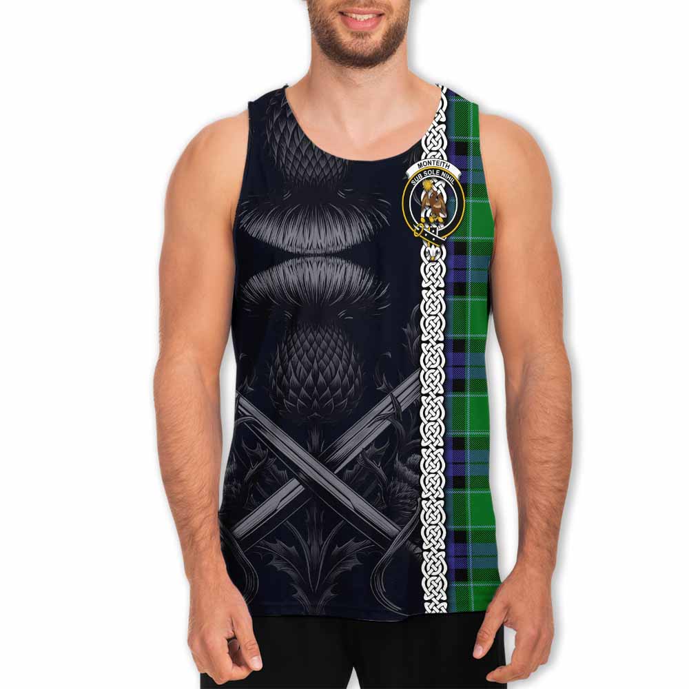 Monteith Tartan Men's Tank Top with Family Crest Cross Sword Thistle Celtic Vibes Men - Tartan Vibes Clothing