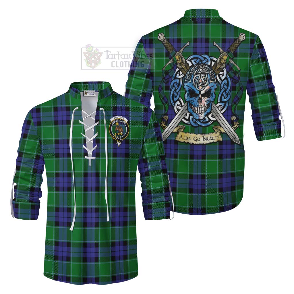 Monteith Tartan Ghillie Kilt Shirt with Family Crest Celtic Skull Style Men - Tartan Vibes Clothing