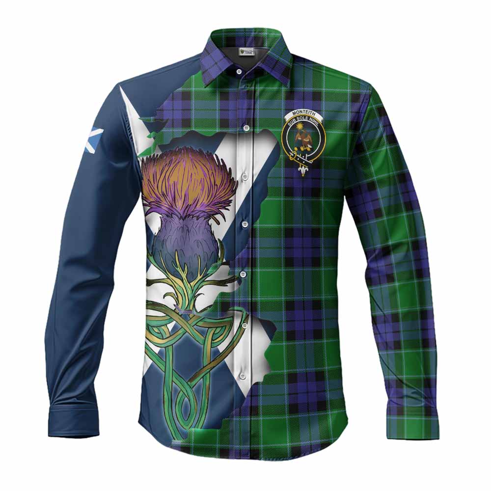 Tartan Vibes Clothing Monteith Tartan Family Crest Long Sleeve Button Shirt Scottish Thistle Celtic Inspired