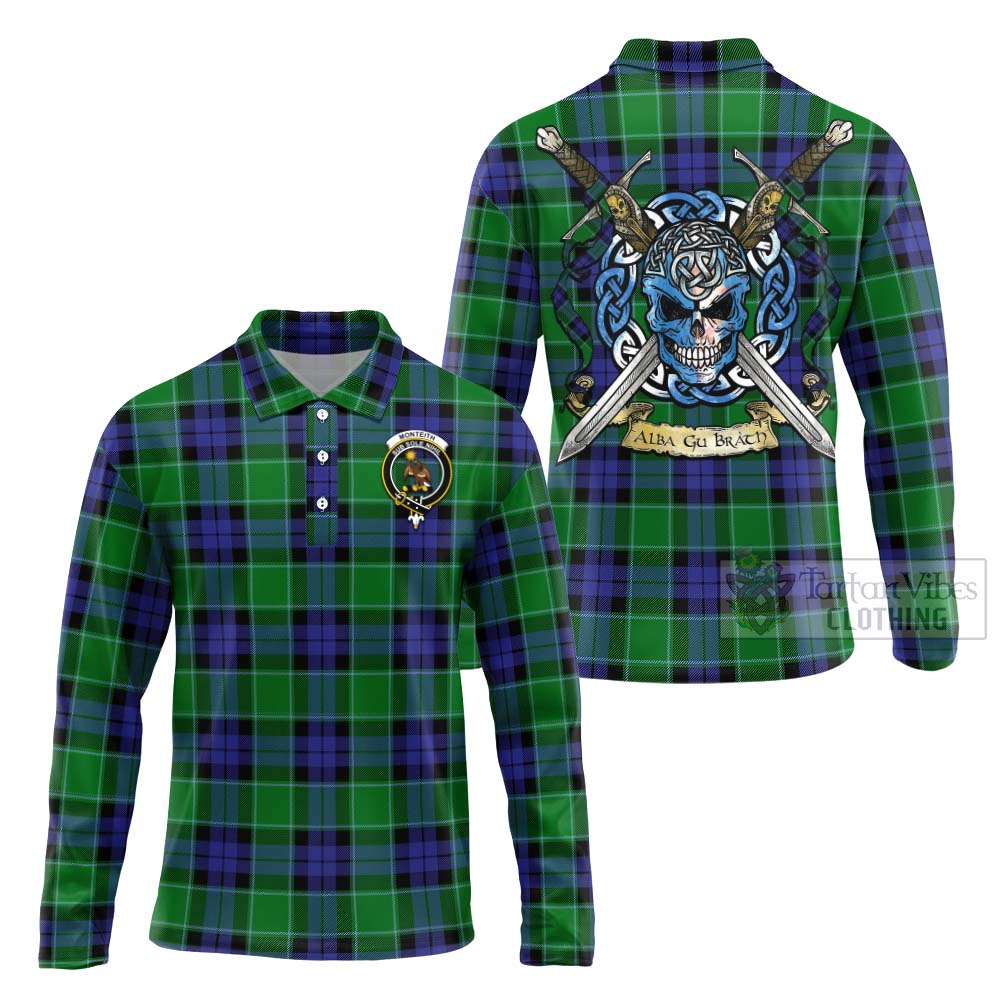 Monteith Tartan Long Sleeve Polo Shirt with Family Crest Celtic Skull Style Unisex - Tartan Vibes Clothing