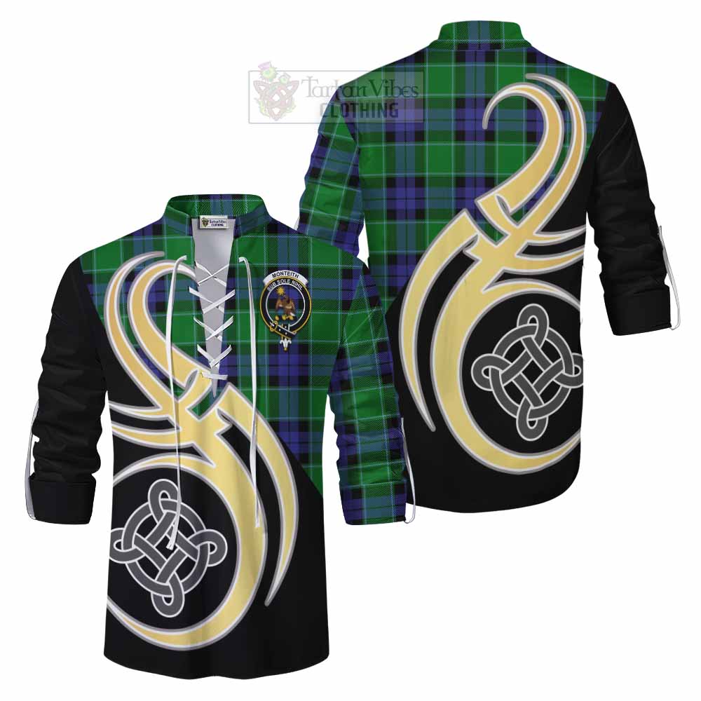 Monteith Tartan Ghillie Kilt Shirt with Family Crest and Celtic Symbol Style Men - Tartan Vibes Clothing