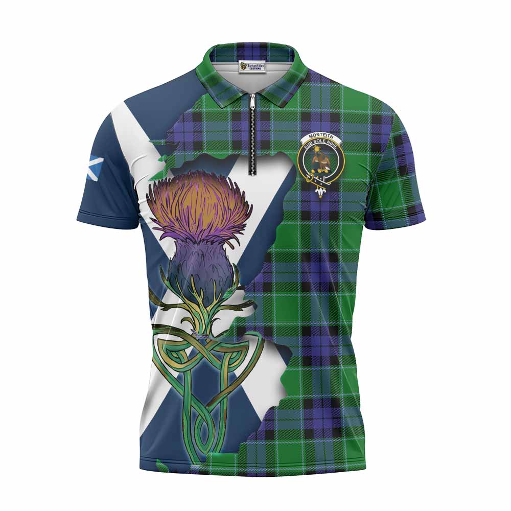 Monteith Tartan Family Crest Zipper Polo Shirt Scottish Thistle Celtic Inspired Unisex - Tartan Vibes Clothing