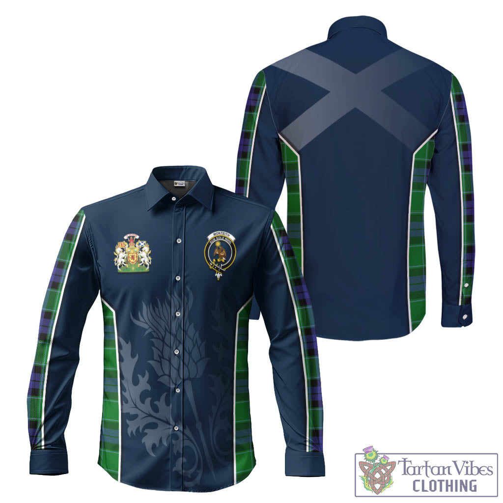 Monteith Tartan Long Sleeve Button Up Shirt with Family Crest and Scottish Thistle Vibes Sport Style Men's Shirt - Tartan Vibes Clothing
