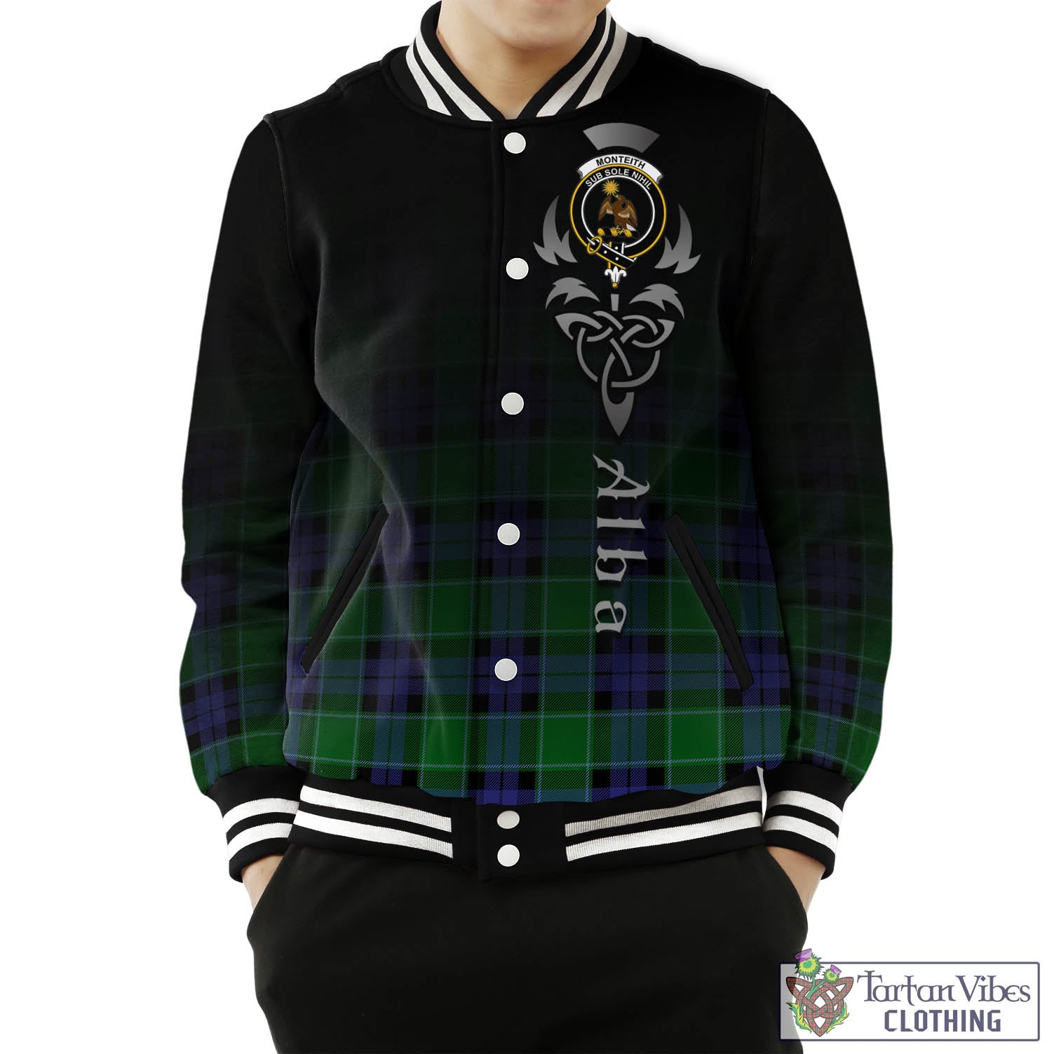 Monteith Tartan Baseball Jacket Featuring Alba Gu Brath Family Crest Celtic Inspired Unisex - Tartan Vibes Clothing