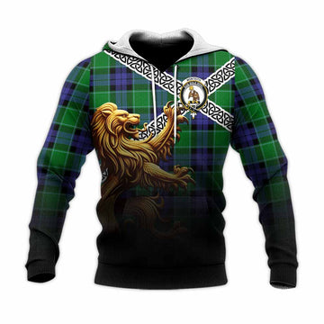 Tartan Vibes Clothing Monteith Crest Tartan Knitted Hoodie with Golden Lion Emblem Celtic Style
