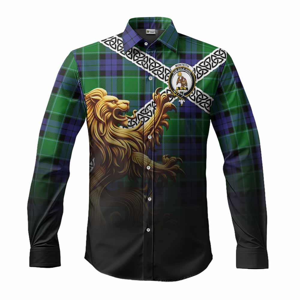 Monteith Crest Tartan Long Sleeve Button Shirt with Golden Lion Emblem Celtic Style Men's Shirt S - Tartan Vibes Clothing