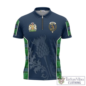 Tartan Vibes Clothing Monteith Tartan Zipper Polo Shirt with Family Crest and Scottish Thistle Vibes Sport Style