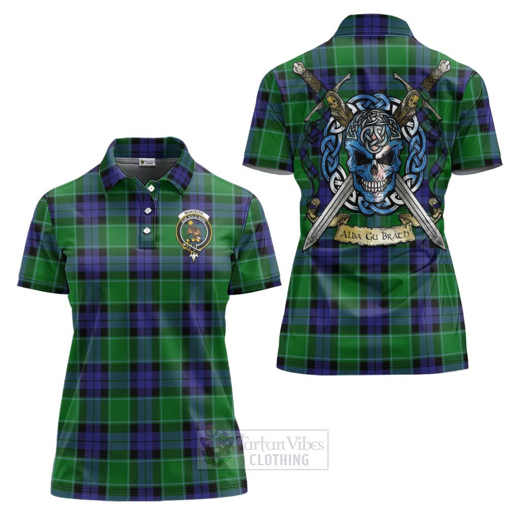 Monteith Tartan Women's Polo Shirt with Family Crest Celtic Skull Style Women - Tartan Vibes Clothing