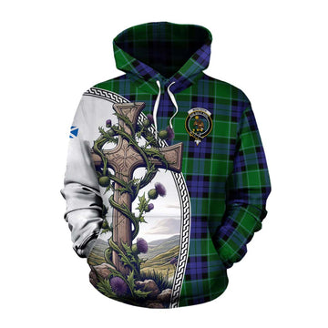Monteith Tartan Cotton Hoodie with Family Crest and St. Andrew's Cross Accented by Thistle Vines