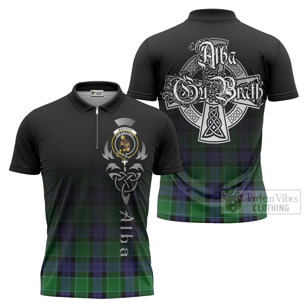 Monteith Tartan Zipper Polo Shirt Featuring Alba Gu Brath Family Crest Celtic Inspired Unisex - Tartan Vibes Clothing