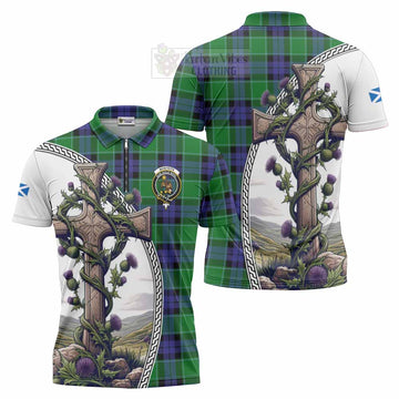 Monteith Tartan Zipper Polo Shirt with Family Crest and St. Andrew's Cross Accented by Thistle Vines Unisex - Tartan Vibes Clothing