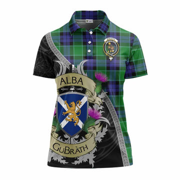 Monteith Tartan Family Crest Women's Polo Shirt Lion Rampant Royal Thistle Shield Celtic Inspired Women - Tartan Vibes Clothing