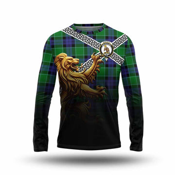 Monteith Crest Tartan Long Sleeve T-Shirt with Golden Lion Emblem Celtic Style Unisex - Tartan Vibes Clothing