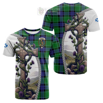 Monteith Tartan Cotton T-shirt with Family Crest and St. Andrew's Cross Accented by Thistle Vines